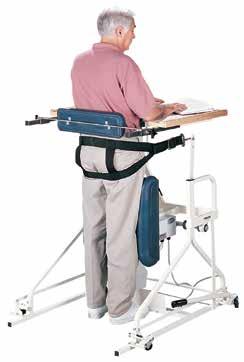 A back pad provides additional lumbar support. The hand-held power switch controls tabletop height adjustment and client s transfer from sitting to standing.