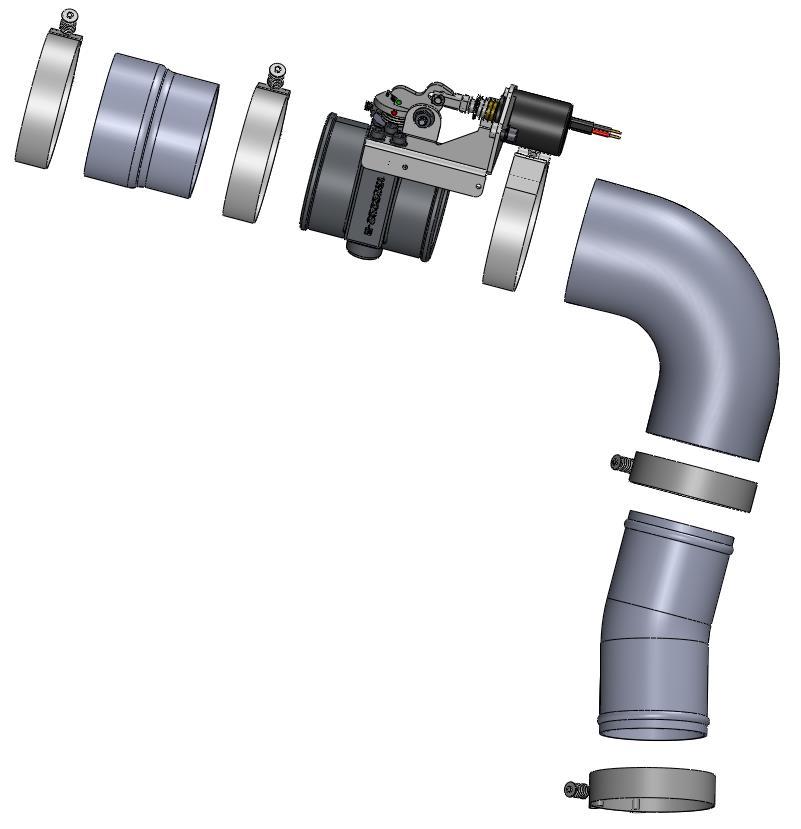 2010 6.7 Dodge Cummins Positive Air Shutoff (I-00183) 14 3. Connect the stock boot to the supplied bent pipe and 90 boot using the supplied clamps (1405211) as shown in diagram.
