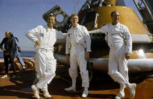 9. Apollo 14: BP-1102A with Apollo 14 prime astronaut crew, Shepard, Mitchell, and Roosa, during open water