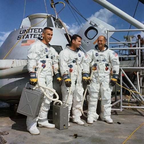 5. Apollo 10: BP-1102A with Apollo 10 prime astronaut crew, Stafford, Cernan, and Young, during open water