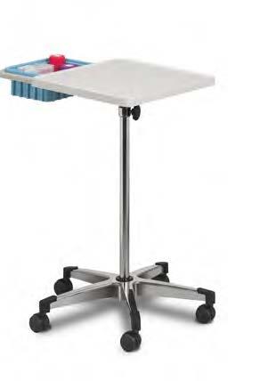 Phlebotomy Stands & Work Stations feature: Cleanable work surfaces Adjustable heights Durable construction 6901 One-Bin, Mobile, Phlebotomy Stand ClintonClean solid plastic Chrome plated, steel pole