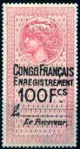 Postage stamps of French Congo (Bakalois woman) ovpt with bar through old value, ENREGISTREMENT reading down, and surcharged. 5. 1F on 50c dark purple & pale lilac... 20.