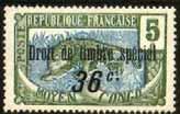 Postage stamp of 1907 ovpt "Droit de timbre spécial" and surcharged. Leopard and frame in first colour stated. 1. 12c on 5c green & blue.