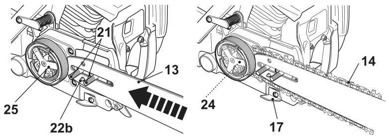 Fig.3 Fig. 4 6. Place the slot in the guide bar (13) over the two bolts (21). Push the guide bar (13) to the left towards the sprocket (24) (behind the clutch (25)).