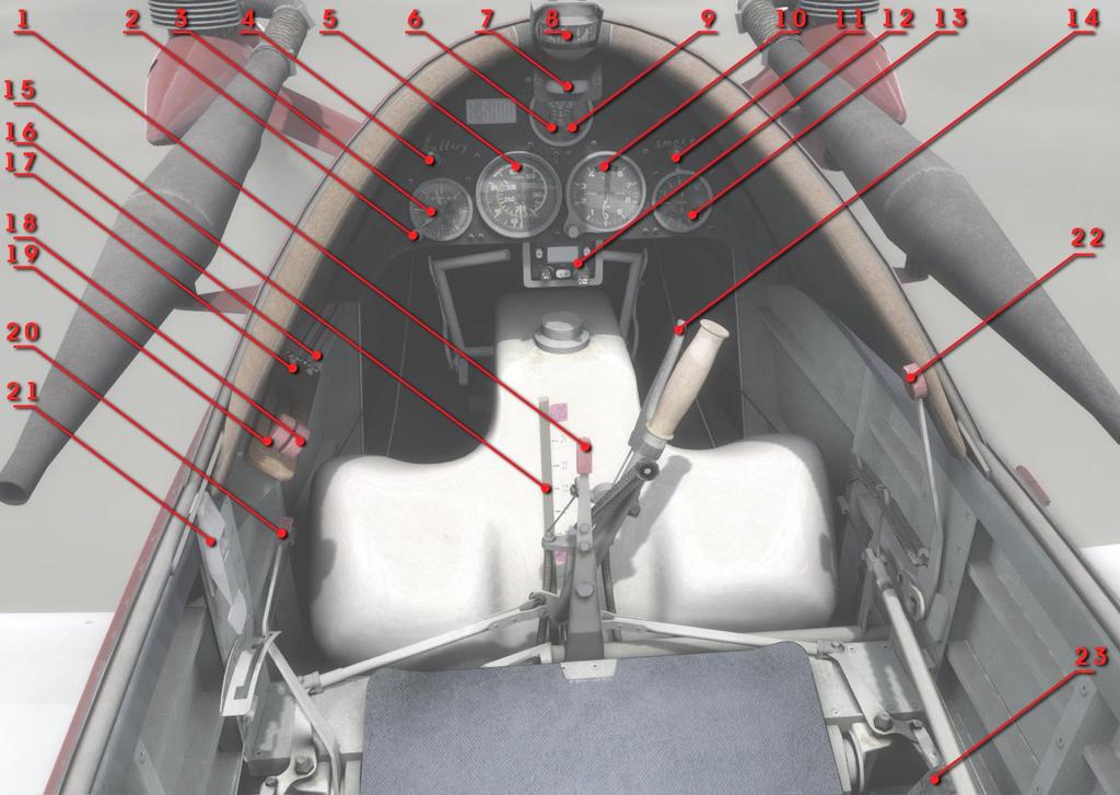 Panel and Controls 1. Aileron trim 2. Gmeter knob 3. Gmeter 4. Battery tumbler 5. Airspeed indicator 6. Left engine RPM 7. Turn and slip indicator 8. Compass 9. Right engine RPM 10.