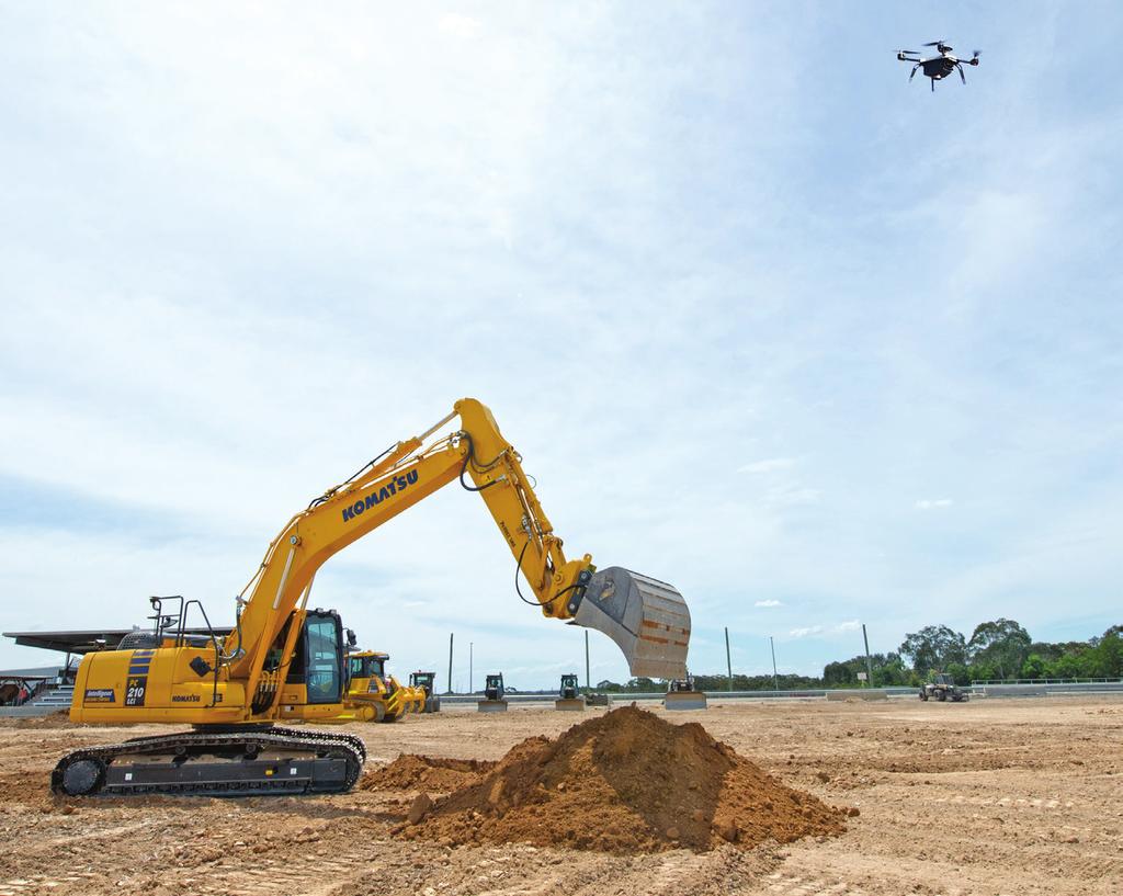 DRONE SUPPORT Komatsu s SmartConstruction concept uses Skycatch highly reliable, autonomous Unmanned Aerial Vehicles (UAVs) or drones for data collection, point cloud maps to within 1 cm accuracy,