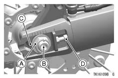 MAINTENANCE AND ADJUSTMENT 105 A. Axle Nut B. Cotter Pin C. Indicator D. Locknut Turn in the left and right chain adjusters evenly to obtain the standard chain slack.