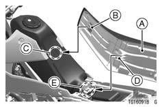 40 GENERAL INFORMATION Rear View Mirror Rear View Mirror Adjustment Adjust the rear view mirror by slightly moving only the mirror portion of the assembly. A. Seat B. Front Hook C.