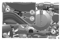 Check the engine oil level through the oil level inspection window in the lower right side of the engine.