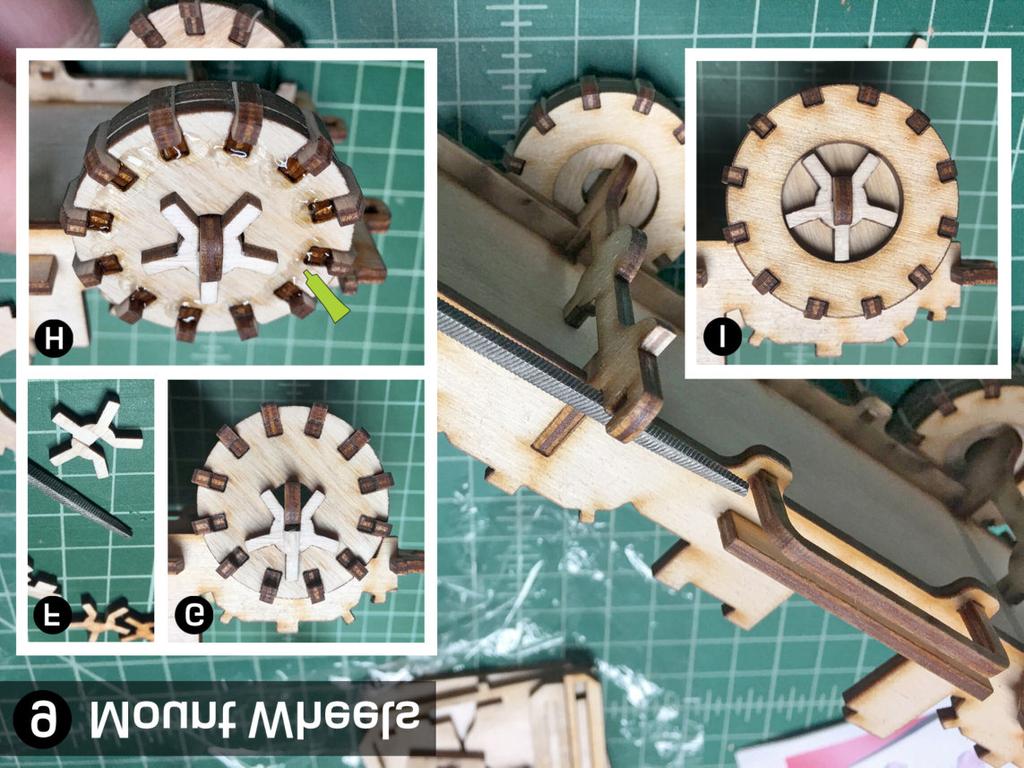 9 F Mount Wheels steps 9F-9I As mentioned in steps 8A-8E, each wheel rim locking hub might need to be filed in the center slot to fit and slip onto the axles easier.