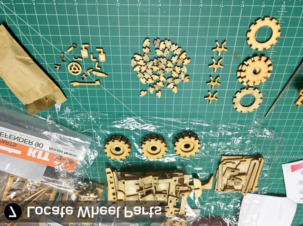 Set these exterior parts aside, will be used in step 17 Wheel Parts 7 Locate Wheel Parts Open the small brown paper bag and sort through all the small parts.