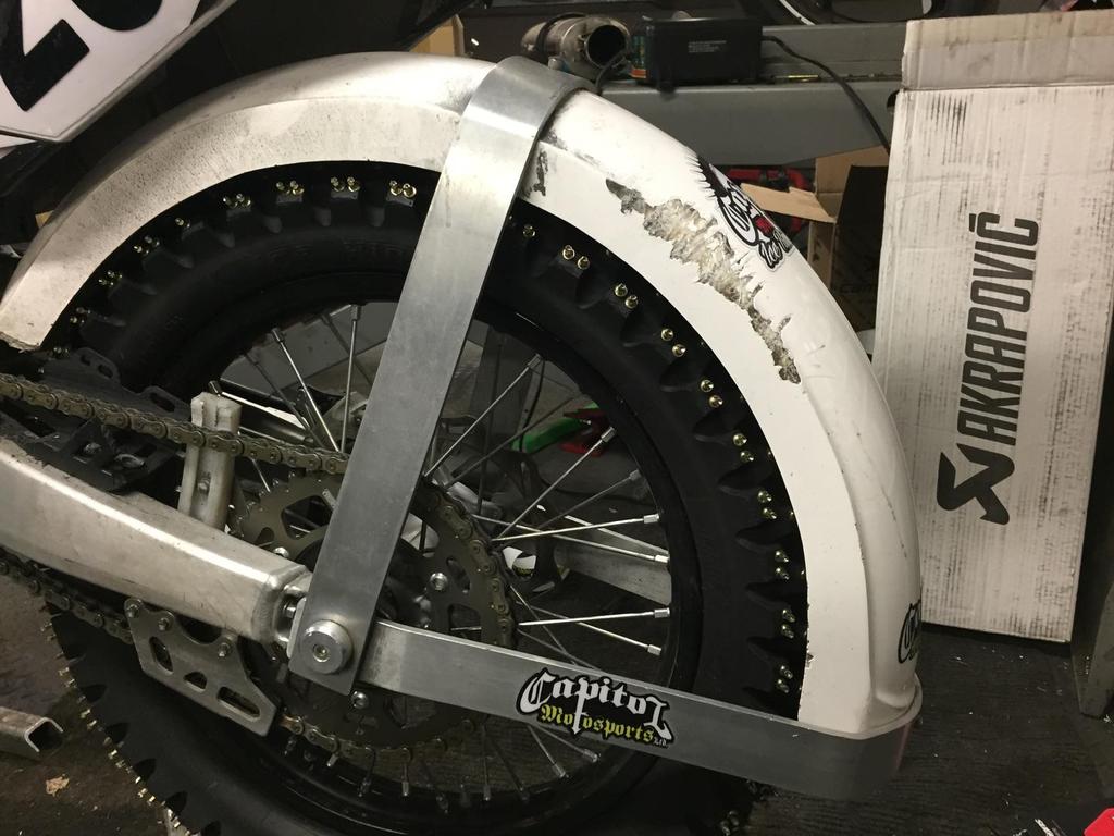 [ ] Fork capture pockets. If the mounting straps break or get loose, the fender can t roll down under the wheel causing your head to smack the ice [ ] New fender radius matches 21 and 19 ice tires.