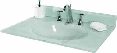 Vanity, Vessel & Utility Tops White Glass Vanity Top Tempered Glass 15mm Thick Bowl: 1911/16" x 15" Bowl Depth: 51/2" Pre-drilled for 8" centers Integral Bowl Single Center Bowl Includes backsplash