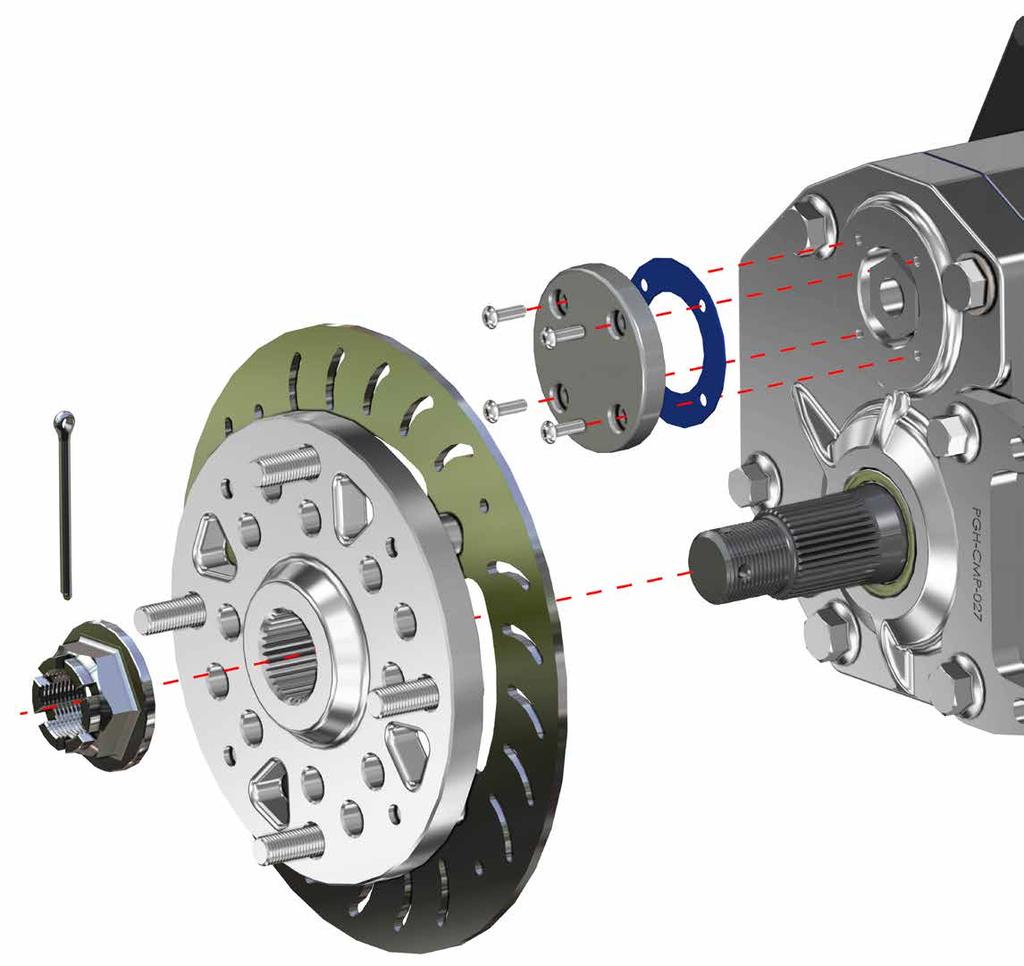 Front continued: - Secure stock Axle with Recessed Nut (F); use thread locker. - Secure Gasket (D) and Cap (E) to Gear Box (B) with hardware shown. - Install onto Axle Shaft of Gear Box (B).
