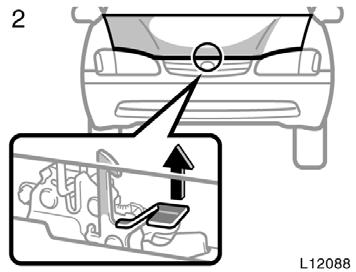 2. In front of the vehicle, pull up the auxiliary catch lever and lift the hood. Before closing the hood, check to see that you have not forgotten any tools, rags, etc.