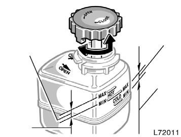 Remove and replace the reservoir cap by hand. Fill the brake fluid to the dotted line. This brings the fluid to the correct level when you put the cap back on. Use only newly opened brake fluid.