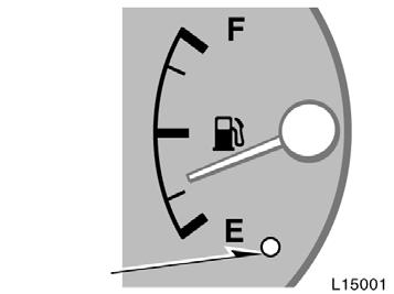 Fuel gauge Low fuel level warning light The gauge works when the ignition switch is on and indicates the approximate quantity of fuel remaining in the tank.