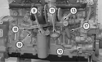 (7) Main bearings (8) Signal line (9) Primary engine oil filter (10) Engine oil pump (11) Secondary oil filter (12) Oil cooler bypass valve (13) Engine oil cooler (14) Oil pan sump (15) High pressure