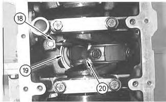 Illustration 4 Interior of cylinder block g00500000 (18) Piston cooling jet (19) Piston (20) Connecting rod Filtered oil flows through main oil gallery (2) in the cylinder block to the following