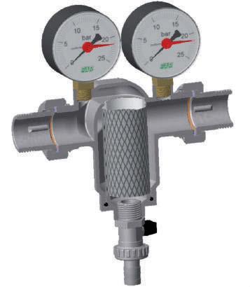 working temperature: 75 C Upstream pressure > 3 bar Downstream pressure = 3 bar STRAINERS FOR DOMESTIC SERVICES In order to protect the whole system from any impurities that, over time, might damage
