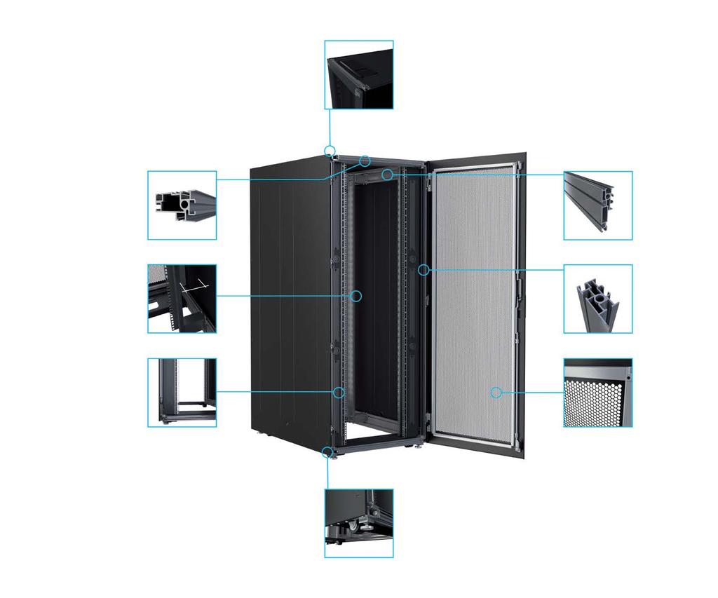 Knürr Miracel 2 Server Rack - Features Top cover with cable entry rear side Horizontal extrusion Depth extrusion No depth braces required