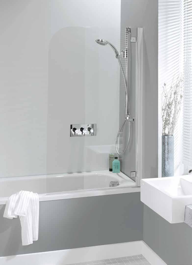 SUPREME DELUXE BATH SCREEN 5mm toughened glass hinged bath screen 15mm adjustment for easy fitting Easy installation Silver or White finish frame options Frameless hinged bath screen Outward opening