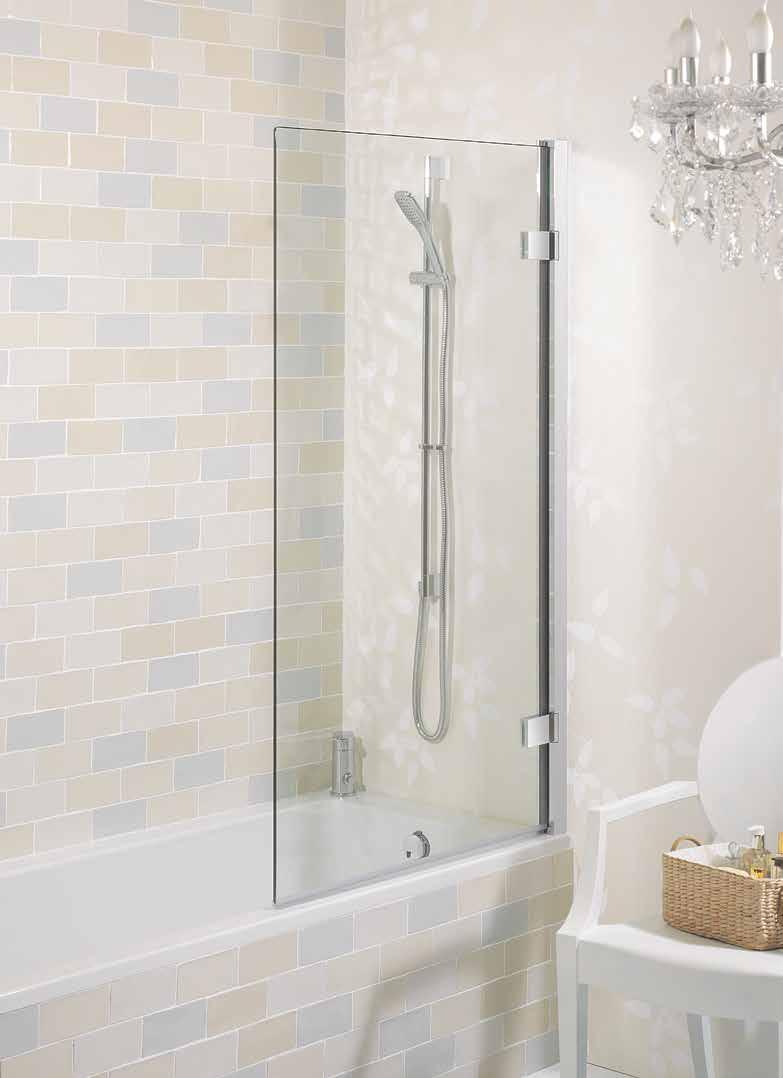 ELITE HINGED BATH SCREEN Clear as standard 8mm toughened glass hinged bath screen 20mm adjustment for easy fitting Bright polished chrome finish frame Frameless hinged bath screen Outward opening