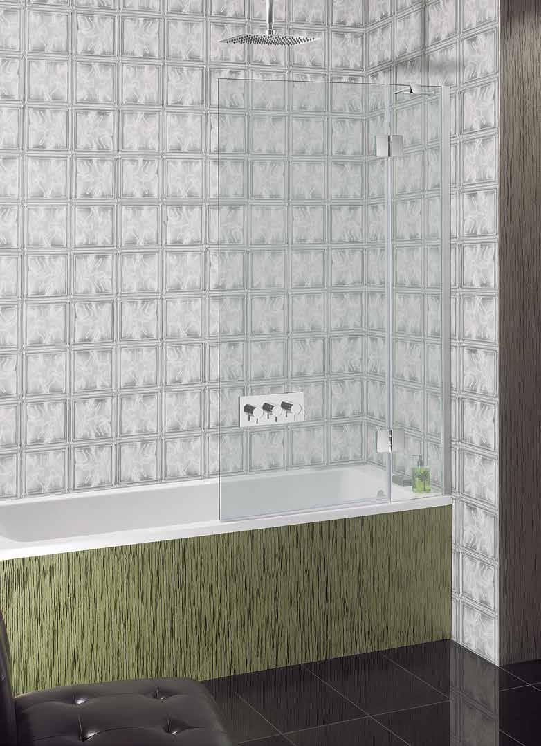TEN HINGED BATH SCREEN Clear as standard 10mm toughened glass hinged bath screen 15mm adjustment for easy fitting Frameless hinged bath screen Outward opening only HINGED BATH SCREEN Width