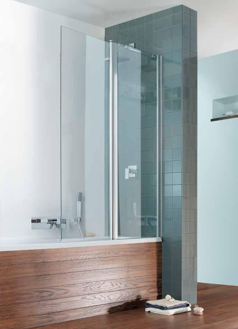 DESIGN DOUBLE BATH SCREEN - OUTWARD OPENING Clear as standard 6mm toughened glass outward opening bath screen 20mm adjustment for easy fitting Semi-frameless modern design Frameless outward opening