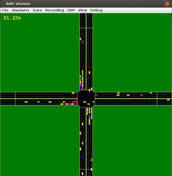 Figure 4. A screenshot of the simulator we developed for the experiments on SemiAIM. This simulator is modified from the open-source AIM4 simulator. 4. INTERACTION MODEL Safety is a main concern when involving human drivers in the control loop of semiautonomous vehicles.