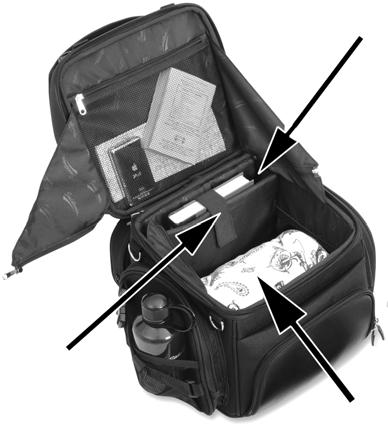 To open the upper section of the bag s main compartment beyond the standard 0- degree angle, disconnect the side panels by unzipping the zippers connecting the panels to the lower section of the bag.