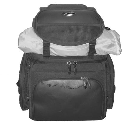 The compartment can hold an open face helmet, and has an additional padded storage sleeve.