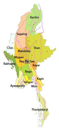 Kachin Kayar Kayin Chin Mon Rakhine Shan Sagaing Magway Mandalay Bago Ayarwaddy Tanintharyi Nay Pyi Taw 2,7 6,7 0 0 0 33 43,5 72,8 81 66 85,3 94 85 290 Electricity Supply Enterprise (ESE)