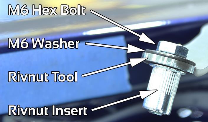 8. Using rivet nut tool, rivet nut, supplied M6 bolt and M6 washers install two rivet nuts into holes. a. While holding tool and rivet nut tightly against firewall, slowly tighten M6 bolt.