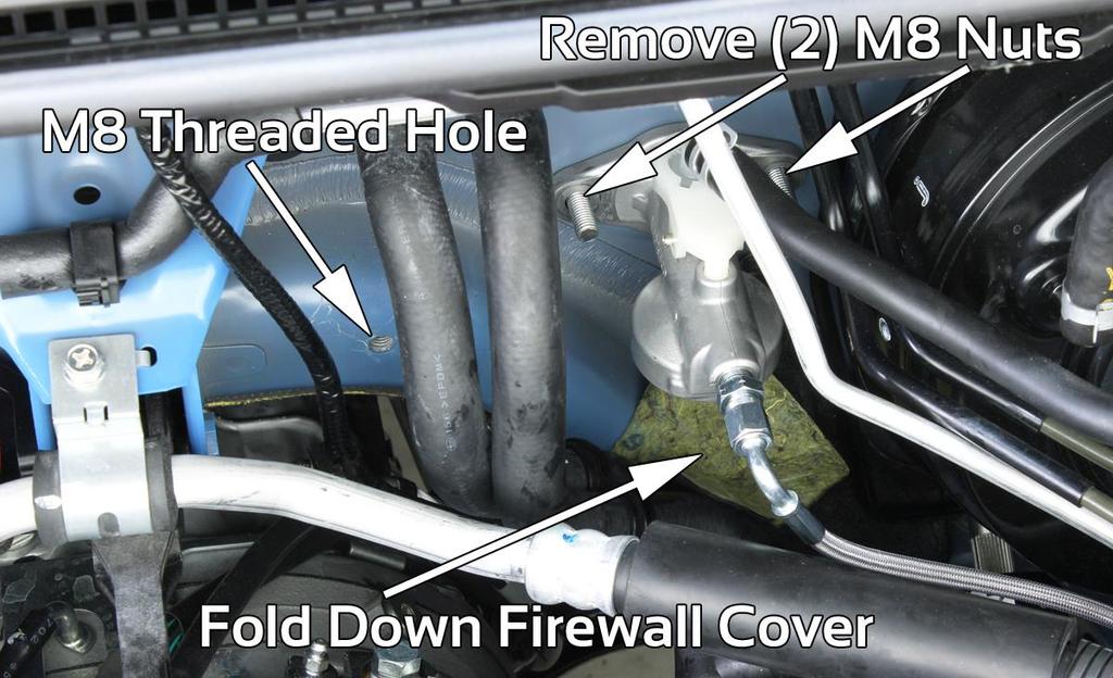 Fold down fibrous fire wall cover as shown to allow PERRIN Left Brace to fit up to firewall. 14.