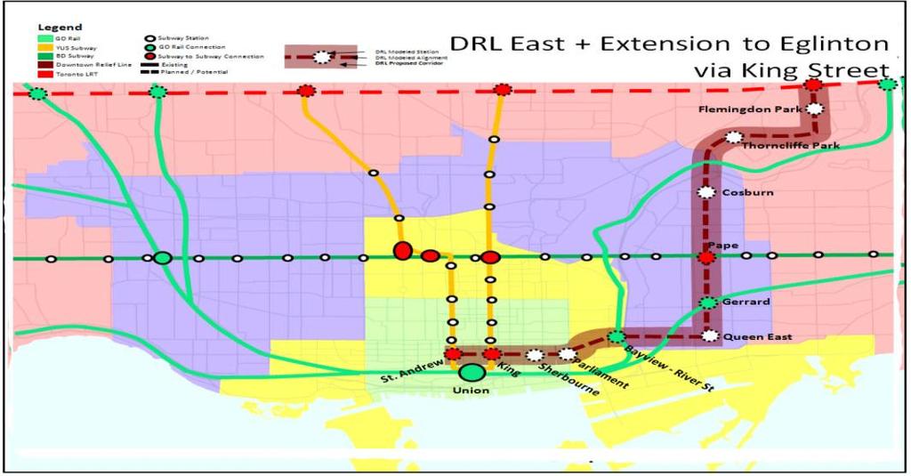 Option 2-3 Subway connecting Eglinton/Don Mills to St. Andrew Station Option 2b of the DRTES, this subway line is approximately 11.9 km, with stations every 500-1500 metres.