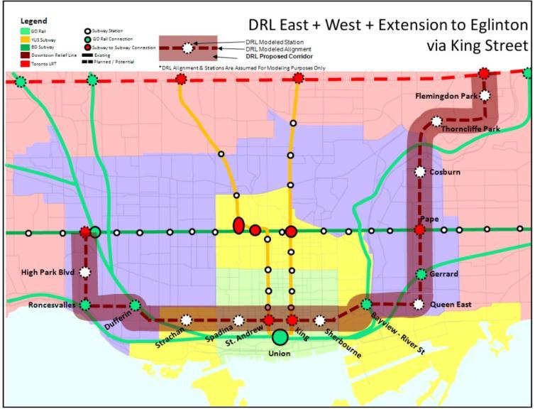 Connections with rapid transit are proposed at Don Mills/Eglinton for the Eglinton LRT, Pape, King, and St.