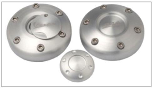 8. A C C E S S O R I E S Billet aluminum special parts- 1B000579 The underseat billet round plate and the front wheel billet hub cover.