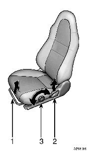 Adjusting seats SB13001 1. SEAT POSITION ADJUSTING LEVER Pull the lever up. Then slide the seat to the desired position with slight body pressure and release the lever. 2.