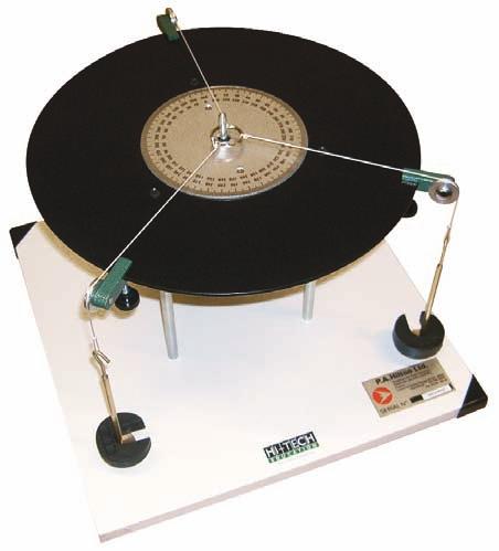 HFC2 Triangle of Forces A bench mounted circular table with a central pin and 360º protractor has three pulleys on adjustable clamps round the edge.