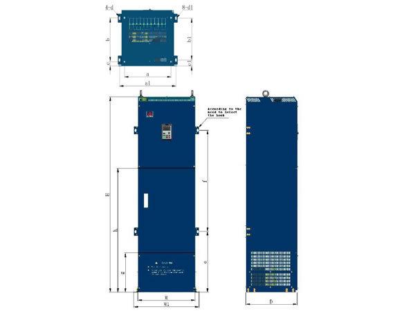 Installation Size of 380V 160-500kW Three-Phase Narrow-Body Model Specifications W W1 D H a b c d 6300V-3160G 6300V-3185G