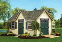 New England Colonial 10' x 16', Antique Ivory Siding, Green Doors and