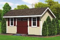 ~ Kevin New England Quaker 10' x 16', Linen vinyl siding, Clay trim, Red doors &