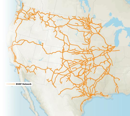 BNSF is a Leading U.S. Railroad A Berkshire Hathaway company 32,500 route miles in 28 states and two Canadian provinces Over 43,000 employees Over 6,000 locomotives 13,100