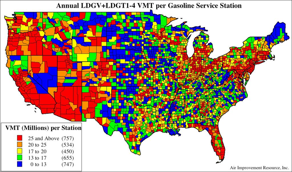 Finally, Figure 19 shows vehicle miles traveled allocated over all the gas stations in the U.S., by county.