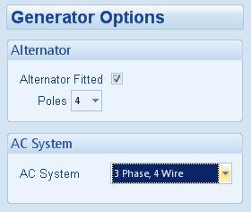 4.7 GENERATOR The generator page is subdivided into smaller sections. Select the required section with the mouse. 4.7.1 GENERATOR OPTIONS Parameter Alternator fitted Poles AC System Description =