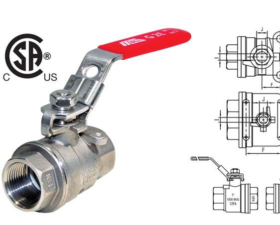 G2-E G Series Investment Cast Stainless Steel 1 WOG Ball Valves 2.2 Full port NPT ends to ANSI B1.2.1 Two piece body Adjustable packing nut Locking lever handle Floating ball Complies with NACE MR-13