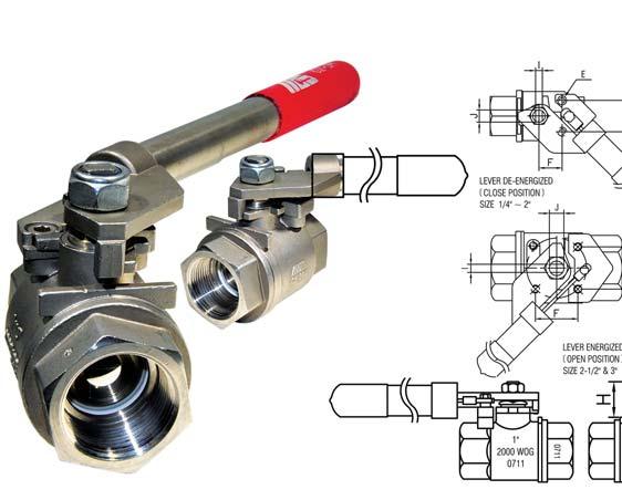 G2-DM G Series Investment Cast Stainless Steel, Deadman Spring Handle Ball Valves 2.5 Two piece body Full port NPT threads to ANSI B1.2.1 Adjustable packing nut Deadman handle Actuator mounting pad Floating ball Complies with NACE MR-13 NACE MR-175/ISO 15156 2 P.