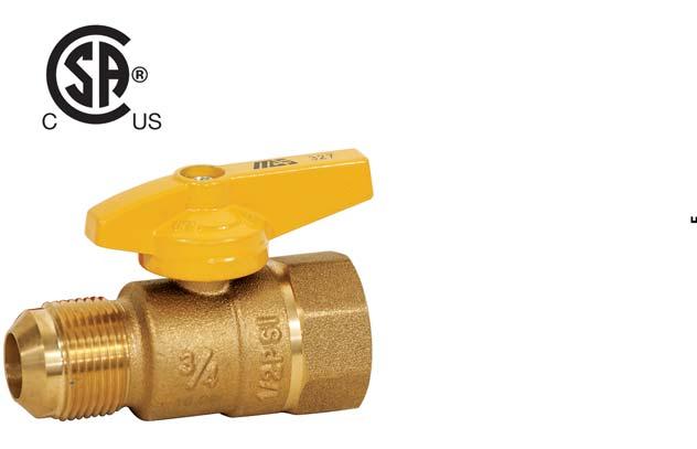 327 A Series Forged Brass CSA Gas Ball Valves 6.3 Forged 2 piece construction ASME B1.2.1 NPT end x Flare Smooth, quarter turn operation May be used with water 4 PSI Seals at high and low pressure - ideal for testing installations Certified to: ANSI Z21.