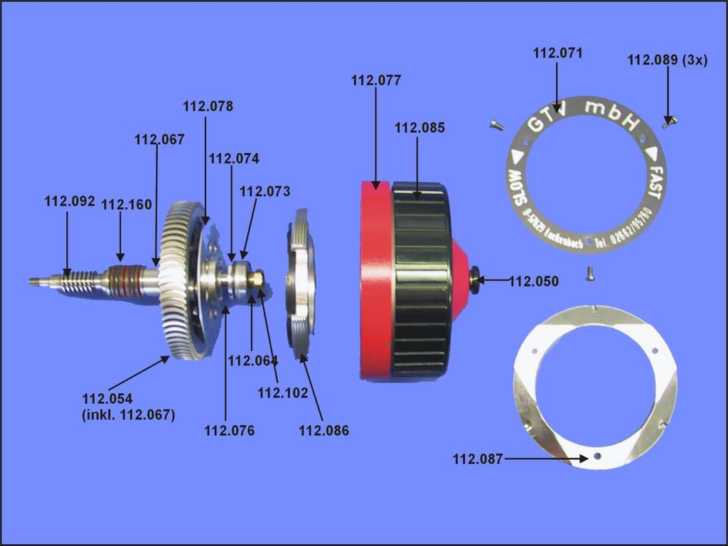 Turbine and speed control 112.050 grease plug screw 112.054 turbine rotor (incl. 112.067) 112.057 plug screw 112.064 finger spring 112.067 set screw for turbine rotor 112.071 ring nameplate 112.